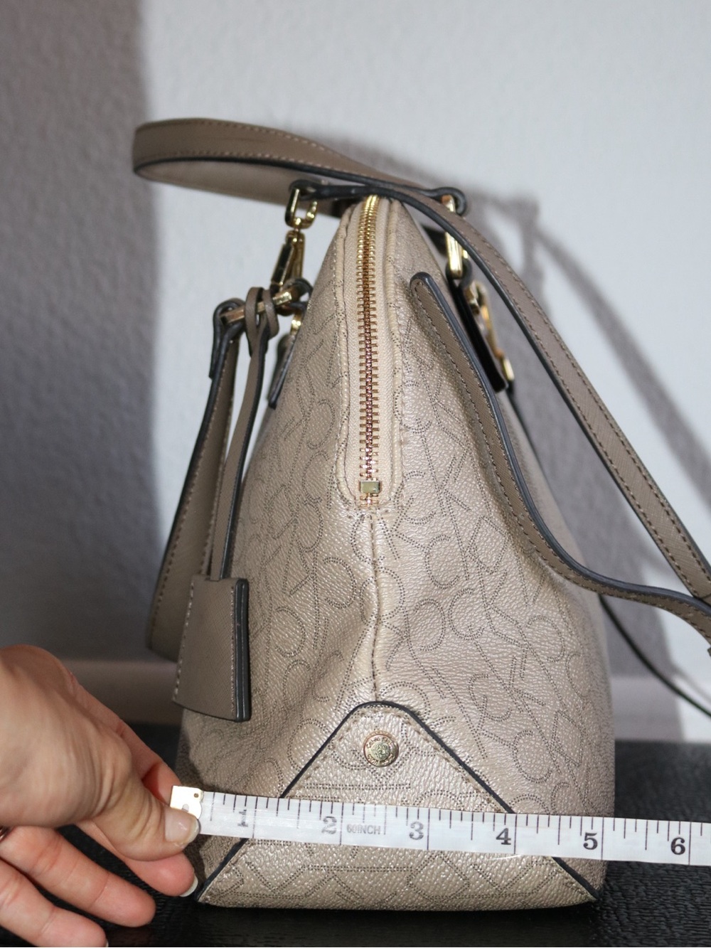 Calvin Klein Monogram Dome Satchel Crossbody Purse - Beige Taupe - Picture 3 of 16